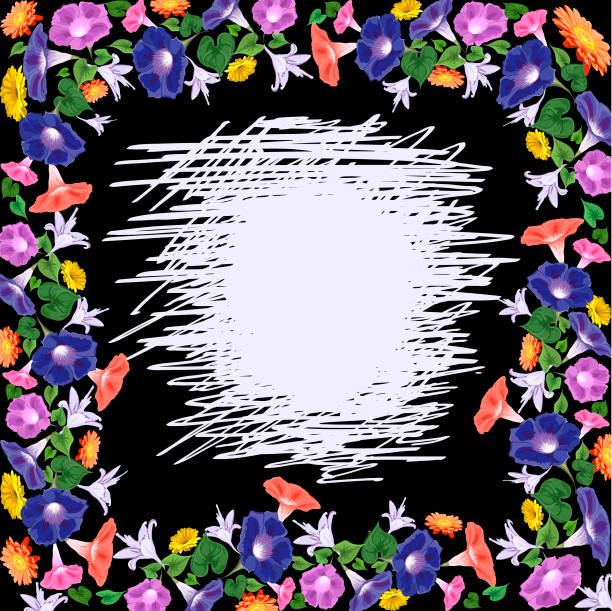 frame of flowers on a black background erased eraser place in the center