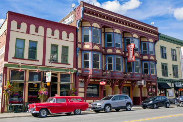 Greenwood, British Columbia, Canada - September 25, 2018: Street scene of the colorful store fronts and saloon in the small town of  Greenwood, British Columbia, Canada. Greenwood  is a city in south central British Columbia in the Kootenays.