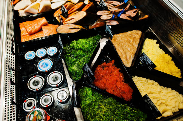 Various caviar for sale at supermarket.