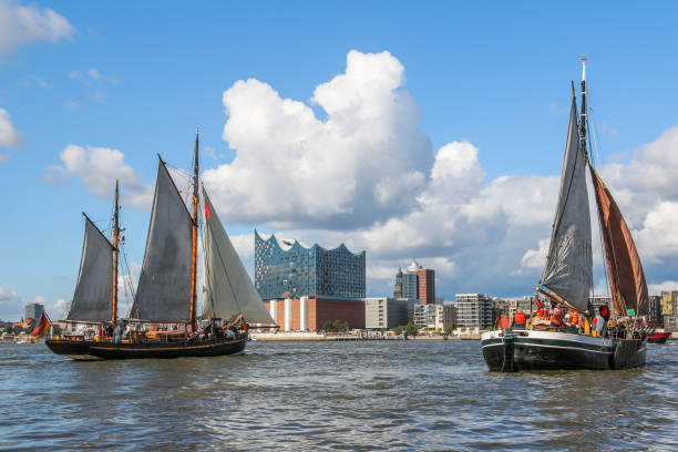 Sailing ships and HafenCity Hamburg Port of Hamburg with sailing ships and HafenCity elbphilharmonie photos stock pictures, royalty-free photos & images