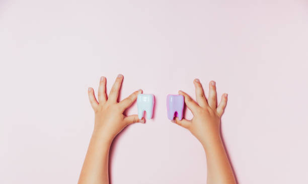 child's hands holding big tooth and toothbrush on pink backgroubd. healty care teeth concept. top view, flat lay. copy space for your text. - healty imagens e fotografias de stock