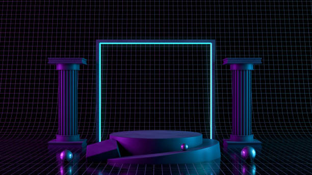 istock 3D Blank product stand with neon lights on black background 1164411102