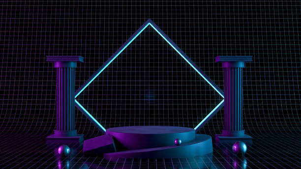 istock 3D Blank product stand with neon lights on black background 1164411134
