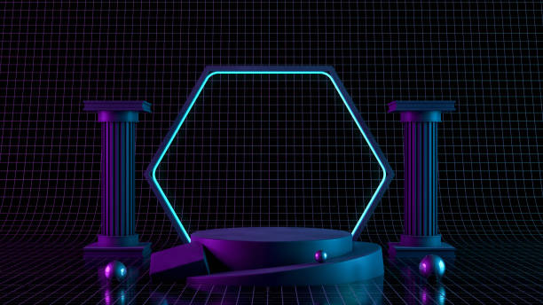 istock 3D Blank product stand with neon lights on black background 1164411221