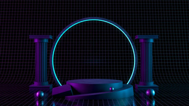 3D Blank product stand with neon lights on black background