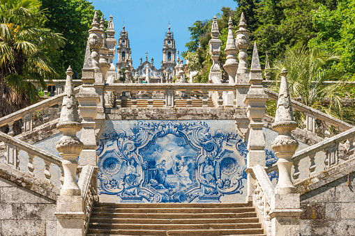 LAMEGO, PORTUGAL - CIRCA MAY 2019: Azulejo decorated stairway to the Sanctuary of Our Lady of Remedios in Lamego - Portugal