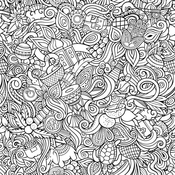 India culture hand drawn doodles seamless pattern. Indian background India culture hand drawn doodles seamless pattern. Indian background. Cartoon fabric print design. Line art vector illustration. All objects are separate. ganesha outline drawing stock illustrations