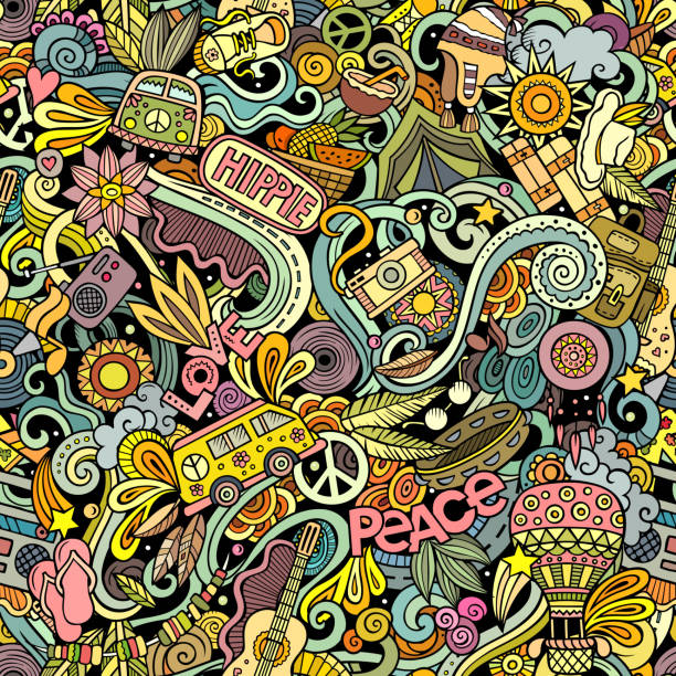 Hippie hand drawn doodles seamless pattern. Hippy background. Hippie hand drawn doodles seamless pattern. Hippy background. Cartoon fabric print design. Colorful vector illustration. All objects are separate. hippie car stock illustrations