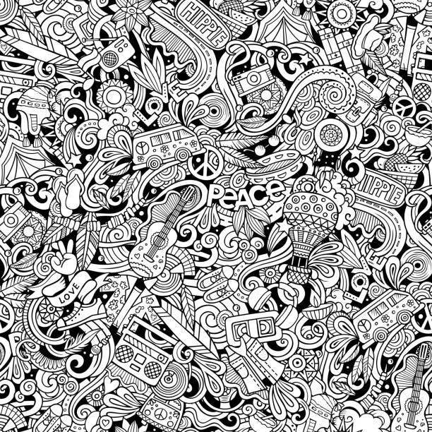 Hippie hand drawn doodles seamless pattern. Hippy background. Hippie hand drawn doodles seamless pattern. Hippy background. Cartoon fabric print design. Line art vector illustration. All objects are separate. interesting vacations stock illustrations