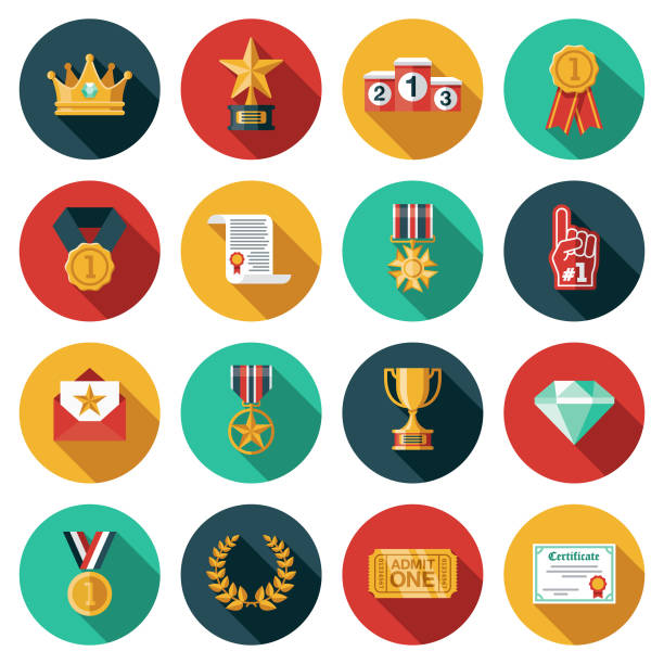 Awards Icon Set A set of icons. File is built in the CMYK color space for optimal printing. Color swatches are global so it’s easy to edit and change the colors. rewards icon stock illustrations