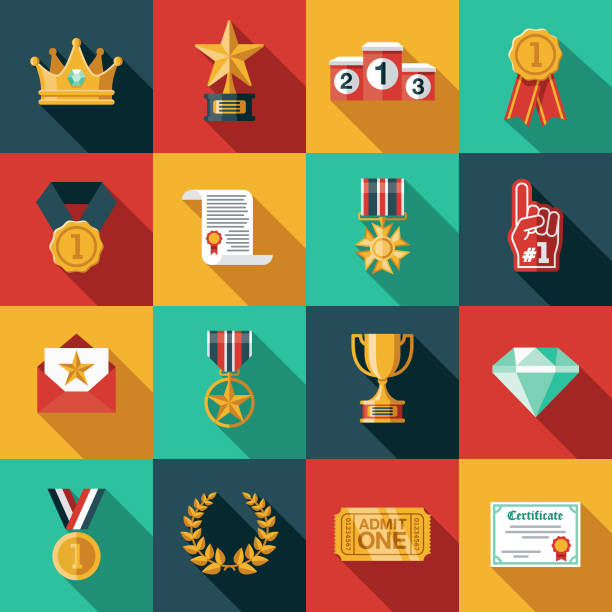ilustraciones, imágenes clip art, dibujos animados e iconos de stock de conjunto de icones de premios - podium winning number 1 trophy