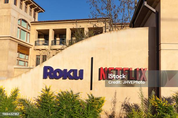 Netflix And Roku Signs At Headquarters In Los Gatos California Usa Stock Photo - Download Image Now