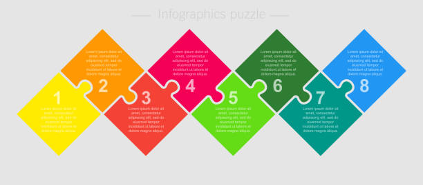 acht teile puzzle puzzle quadrate präsentation infografik. - kartenspiel grafiken stock-grafiken, -clipart, -cartoons und -symbole