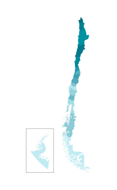 ilustraciones, imágenes clip art, dibujos animados e iconos de stock de ilustración aislada vectorial del mapa administrativo simplificado de chile. fronteras de las regiones. siluetas de colores azules caqui - país área geográfica