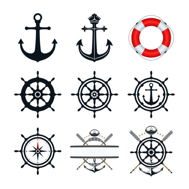 Nautical icon set Anchor, ship wheel, captains hat oar, and life buoy icons design. Nautical icons on white background. wheel cap stock illustrations