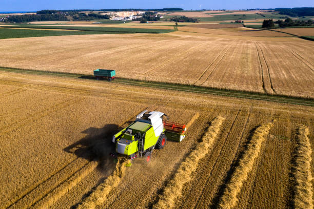 istock Combine on harvest field from above 1164438077