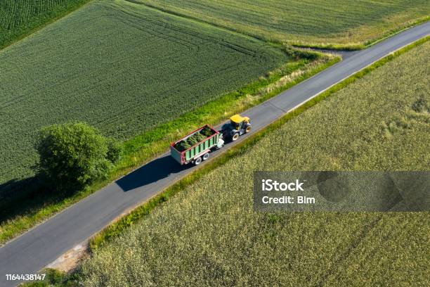 Traktor Mit Anhänger Auf Landstraße Stockfoto und mehr Bilder von Straßenverkehr - Straßenverkehr, Traktor, Agrarbetrieb