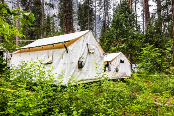 Photo of Exterior view of canvas tent cabins in Camp Curry located in a lush forest in Yosemite Valley, Yosemite National Park, California