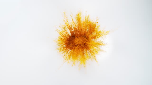 Turmeric, curcuma longa, Powder Exploding against white Background, Indian Spice, Slow Motion 4K