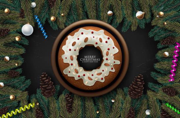 istock Christmas cake with fruits and nuts on wooden table, top view. Vector illustration 1164443199