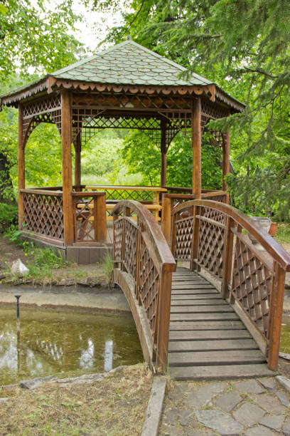 istock summer house with a bridge over the stream 1164451098
