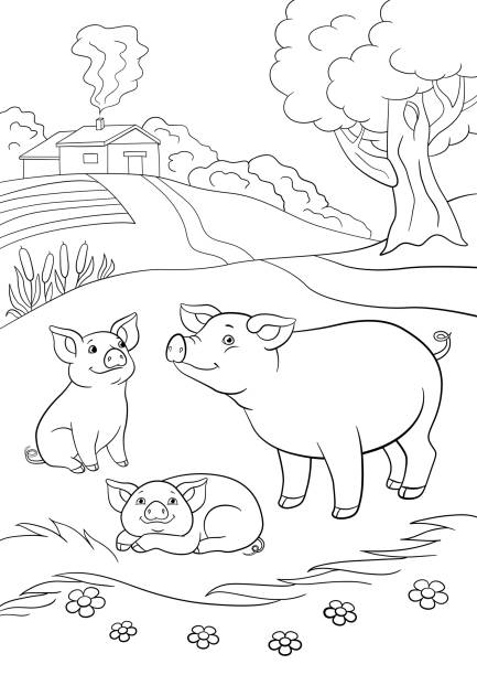 malvorlagen. mutter schwein mit ihren zwei kleinen niedlichen ferkel. - coloring book coloring book pets stock-grafiken, -clipart, -cartoons und -symbole