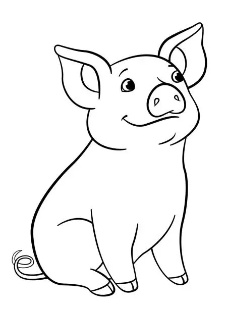 Vector illustration of Coloring pages. Little cute piglet sits and smiles.