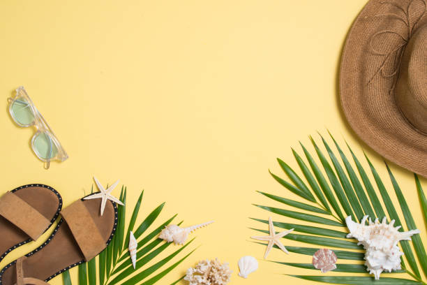 istock Leather sandals, tropical palm leaves, seashells, starfish on white background. Summer backdrop. 1164461407