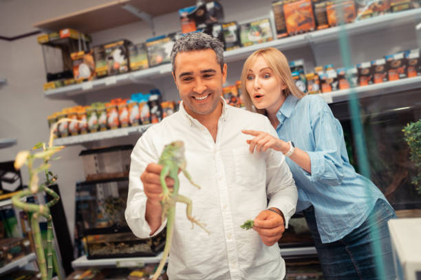 istock Wife feeling excited while standing near husband holding iguana 1164461555