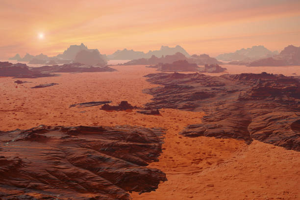 istock landscape on planet Mars, scenic desert scene on the red planet 1164464651