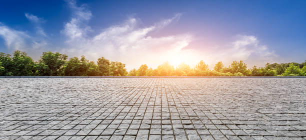 istock Empty floor and green forest with beautiful clouds at sunset 1164466882