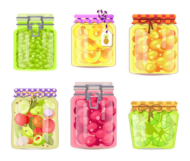 illustrations, cliparts, dessins animés et icônes de fruits et légumes conservés dans un ensemble de pots en verre - preserves jar apricot marmalade