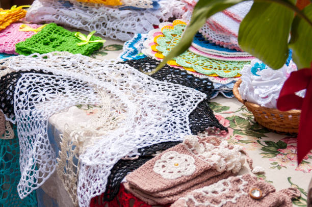 istock Folk art. Crocheted crochet products on counter 1164470355