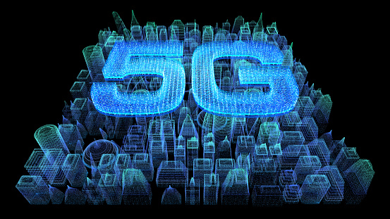 Futuristic holographic 5G digital wireless high speed fifth innovative generation for cellular network connectivity, high speed Internet broadband network and telecommunication concept with holographic city