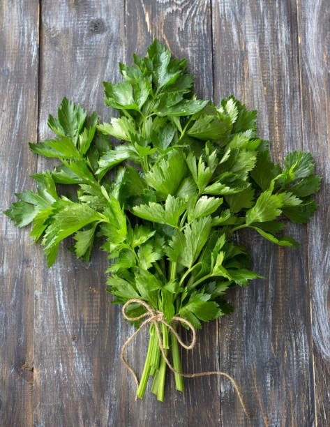 istock Bunch of fresh organic celery on a wooden background 1164479864
