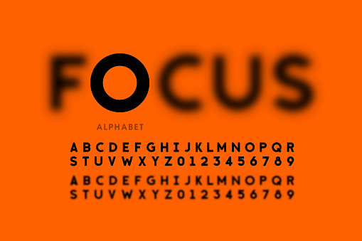 In focus style font design, alphabet letters and numbers vector illustration