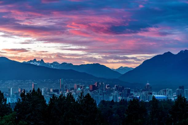 Panoramic View of Vancouver Downtown and Mountains stock photo