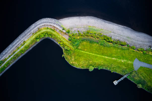 Island narrow green passage path walk aerial view from above uk