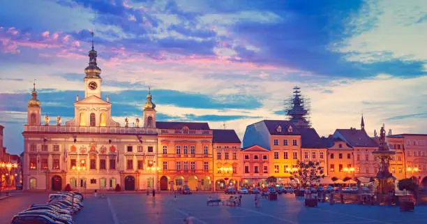 Panoramic view of the main square in Ceske Budejovice (Budweis) with the town hall and Samson fountain
