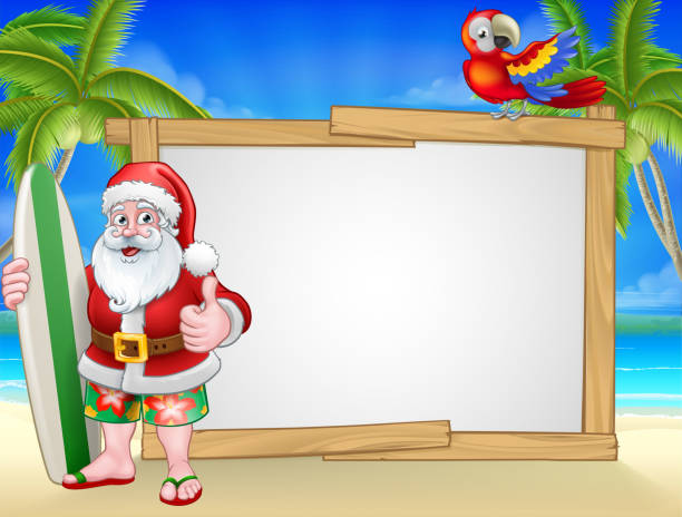 Santa Claus Surf Beach Christmas Background Sign Santa Claus Christmas cartoon character in shorts and flip flops holding his surfboard on a tropical beach with palm trees and parrot sign background. flip flop sandal beach isolated stock illustrations