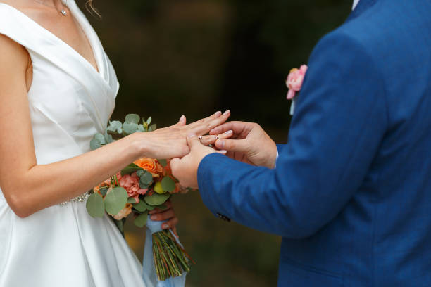 istock Newlyweds put each other rings on the ceremony 1164490006
