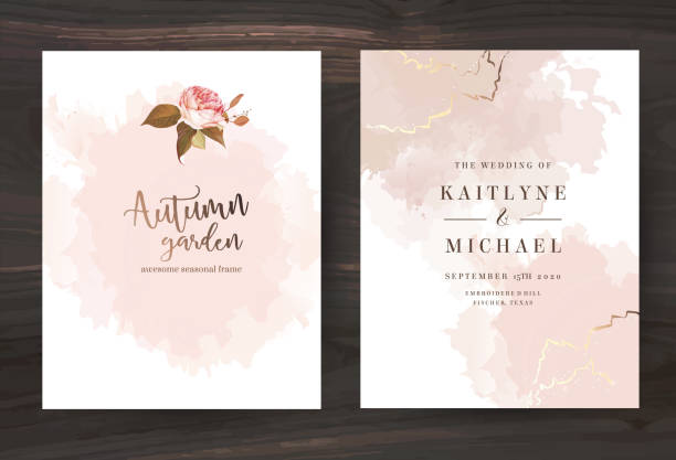 ilustraciones, imágenes clip art, dibujos animados e iconos de stock de tarjetas de diseño vectorial estilo acuarela de color beige y oro rosa. - wedding card