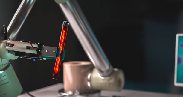 istock Robot arm holding vial with DNA robotic laboratory robot technology medicine research concept robotic science concept robot arm laboratory glassware DNA 1164495325