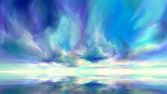 dramatic clouds reflected in water, digital painting