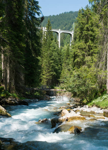 view of the Langwies Viaduct in the mountains of Switzerland near Arosa and a river below panorama view of the Langwies Viaduct in the mountains of Switzerland near Arosa with the Plessur river below arosa stock pictures, royalty-free photos & images
