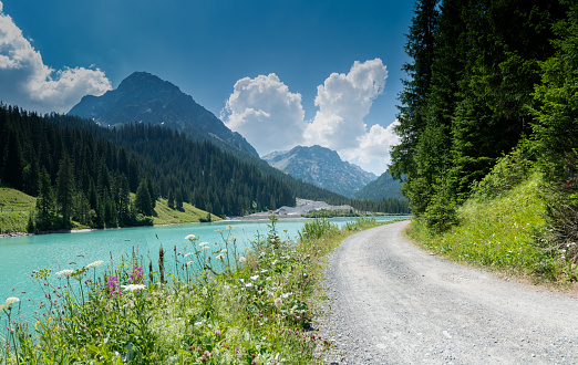summer mountain landscape with turquoise lake and gravel road bordered by wildflowers in the Swiss Alps near Arosa
