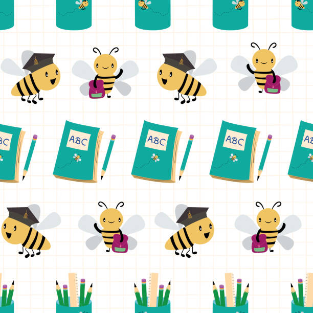 Cute busy bees with books, bags and pencils going back to school design. Seamless vector pattern on yellow grid and white background. Great for children, kindergarten, education, school , stationery Cute busy bees with books, bags and pencils going back to school design. Seamless vector pattern on yellow grid and white background. Great for children, kindergarten, education, school , stationery. spelling bee stock illustrations
