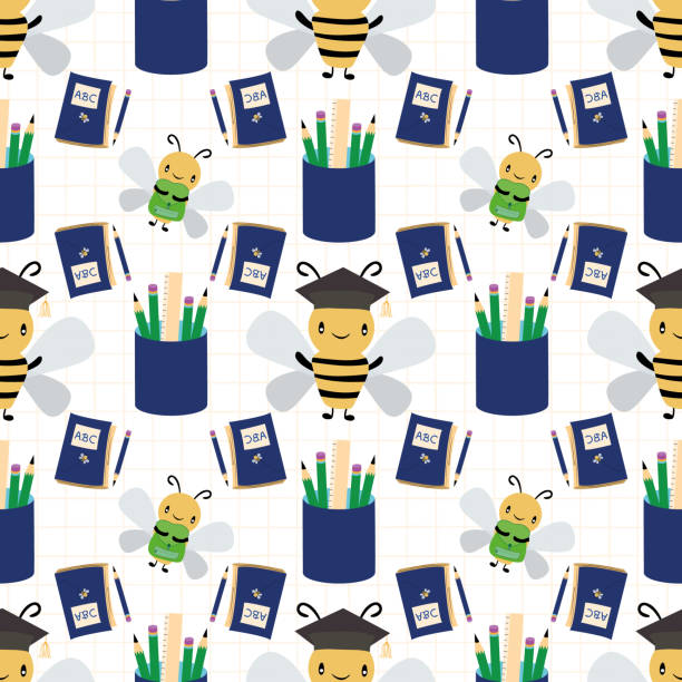 Cute honey bees with books, bags and pencils going back to school. Seamless vector pattern on white grid textured background. Great for children, education, school products, stationery Cute honey bees with books, bags and pencils going back to school. Seamless vector pattern on white grid textured background. Great for children, education, school products, stationery. spelling bee stock illustrations