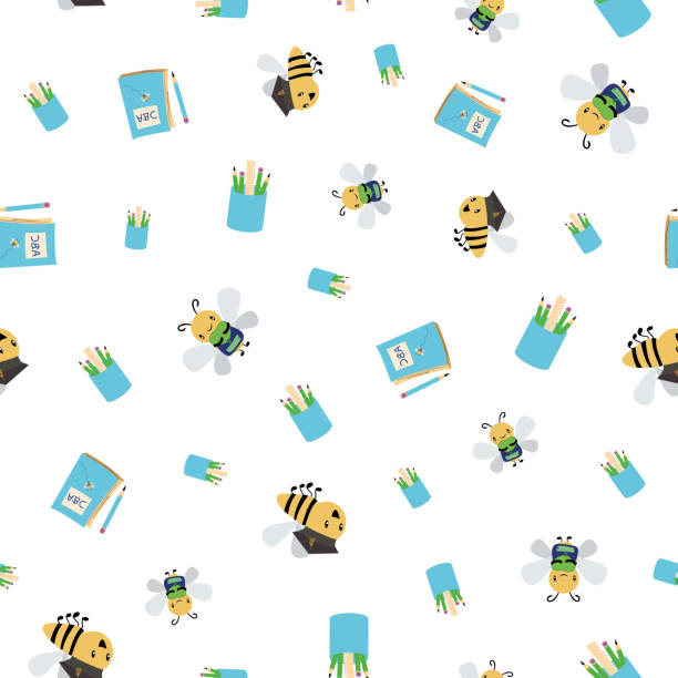 Cute busy bees with books, bags and pencils going back to school design. Seamless vector pattern on white background. Great for children, preschool, kindergarten, education, school , stationery Cute busy bees with books, bags and pencils going back to school design. Seamless vector pattern on white background. Great for children, preschool, kindergarten, education, school , stationery. spelling bee stock illustrations