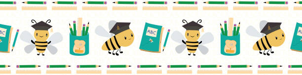 Cute going back to school border with bees, books and pencils. Seamless vector pattern on white textured background. Great for children, school, education, spelling bee products, stationery Cute going back to school border with bees, books and pencils. Seamless vector pattern on white textured background. Great for children, school, education, spelling bee products, stationery. spelling bee stock illustrations